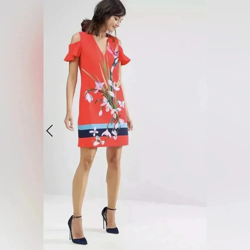 Ted Baker Leea Orange Colorful Floral Print Cold Shoulder Dress Size 4,  012 - Picture 3 of 10